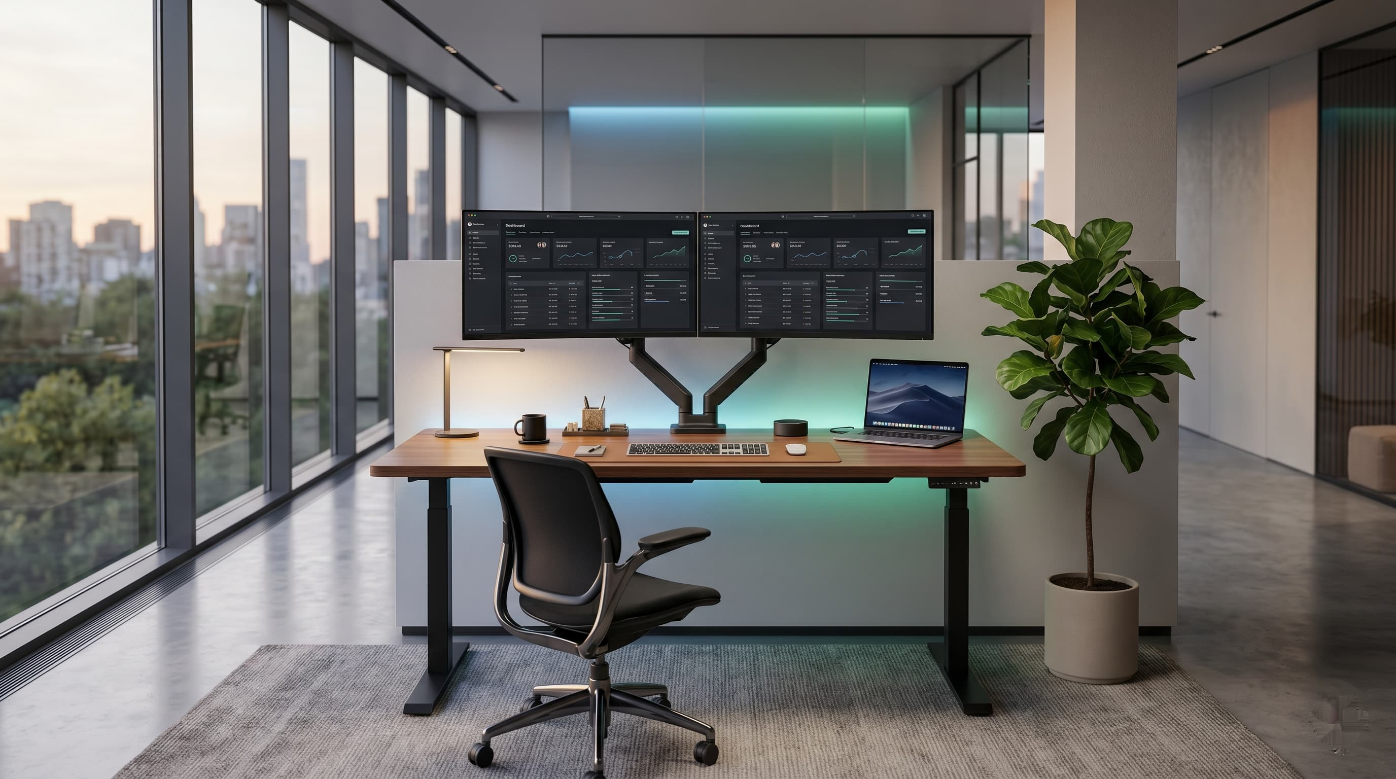 Black standing desk with triple monitors, laptop, and peripherals on a clean white background
